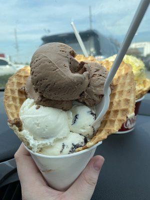 Oreo crème and Reese's in a waffle cone