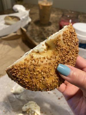 Toasted Garlic Bagel with jalapeño cream cheese