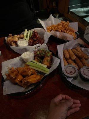 Wings, Mozzarella Sticks, Seasoned Curly Fries