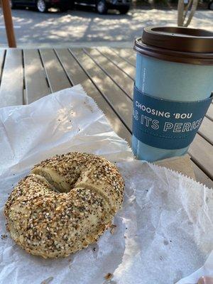 Everything bagel toasted w/butter, large cawfee black. Keep it simple, lol.