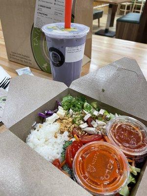 Build your own 1 Protein Rice Bowl with Taro Milk Tea half sugar.