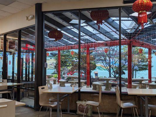 Open-air garden area outside of food court