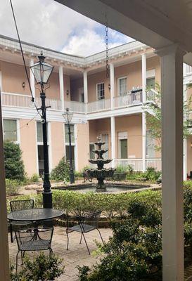 View of courtyard and fountain from my guestroom