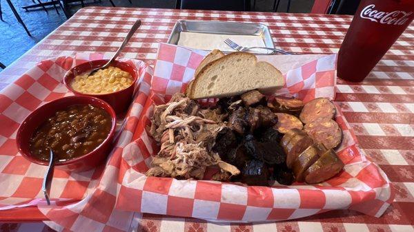 Sampler Platter with burnt ends, sausage, and pulled pork