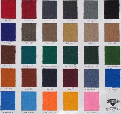 Championship Billiards Fabric Color Chart