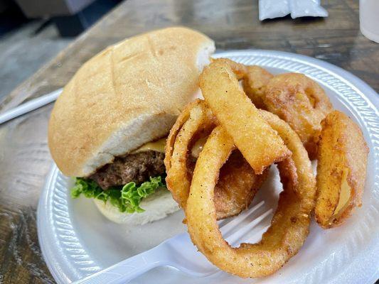 Burger and onion rings