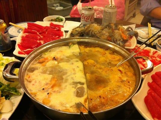 Hot pot half spicy and half regular. All you can eat hot pot.