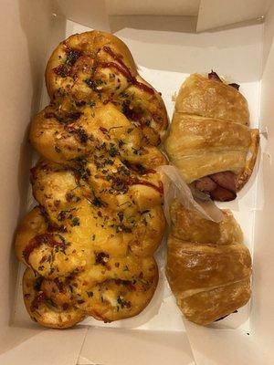 Pizza bread, Turkey & cheese croissant, ham and cheese croissant