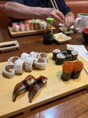 Spicy tuna roll, yellowtail roll, eel sushi, ikura sushi