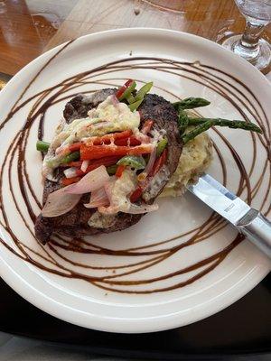 Ribeye w/onions and peppers and parm cheese, balsamic glaze, asparagus and garlic mash