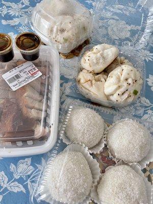 A sampling of roast pork, sheng jian baos, and coconut & peanut mochi!