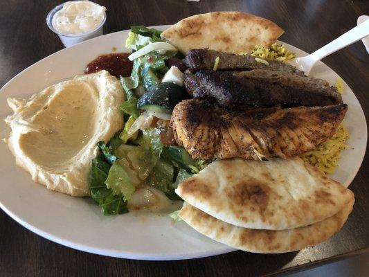 Number Three Lunch Special - Checkin Breast, Gyro Meat, Hummus, Rice, Greek Salad, and Pita.