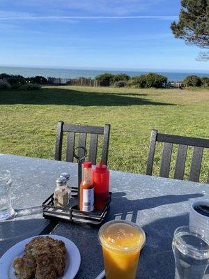 Ginger scone, OJ and an amazing view from the outside dining area.