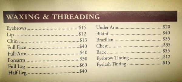 Waxing & Threading pricing (current as of Aug 2013)