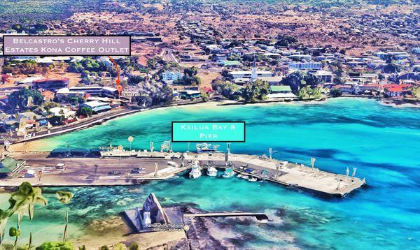 Shot of Kailua Bay & Pier where Cherry Hill Estates Kona Coffee Outlet is located.