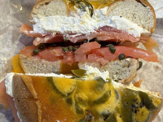 peek inside NOVA LOX on a toasted jalapeño cheese bagel