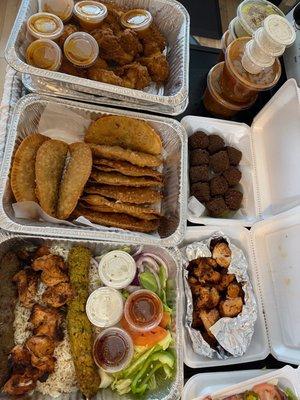 Wings, sambusas, mixed plate, falafel, chicken cubes