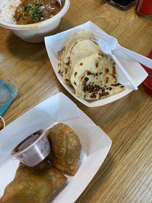 Garlic naan & vegetable samosas