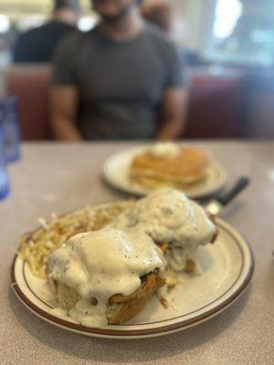 Chicken, biscuits, and gravy Benedict