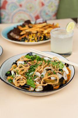 Seasonal special - rustic squid ink noodles with kimchi, grilled squid and crispy shallots