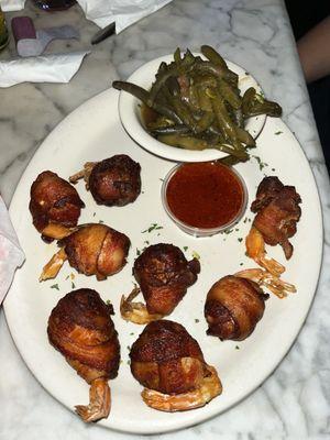 Crab stuffed bacon wrapped shrimp and lower mid green beans...