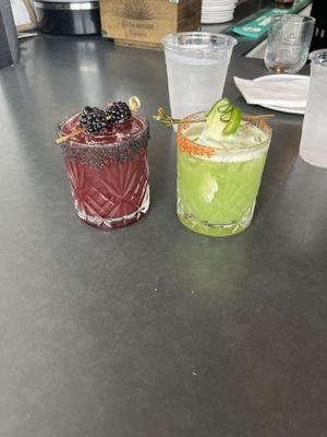 Black diamond (left) and jalapeño cucumber margarita (right)