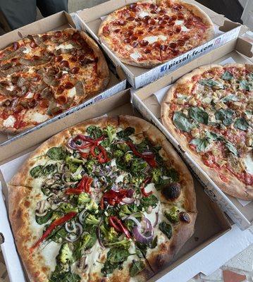 Veggie, pepperoni, meal lovers, chicken with caramelized onion and basil.