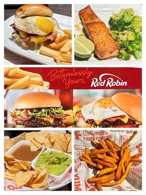 Royal Red Robin Burger, Grilled Blackened Salmon, Guacamole, Salsa & Chips and Sweet Potato Fries. Thankヽ(*‿*)ノyou Serxhi!