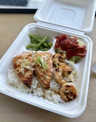 Salmon Teriyaki with a side of prawns