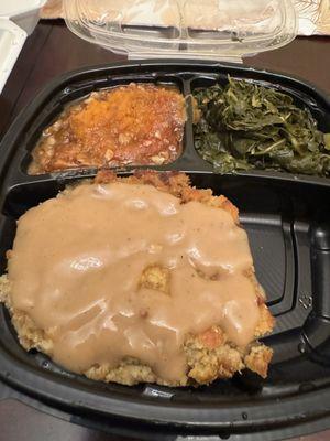 Cornbread dressing with gravy, collard greens, sweet potato casserole