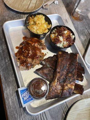 Ribs pulled pork Mac n cheese and blue cheese mashed potato's