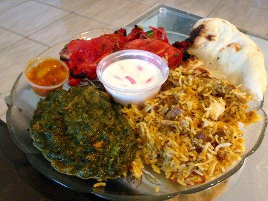 Tandoori Chicken, Goat Briyani and Sag Paneer with Naan