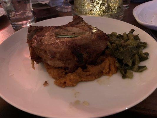 Pork Chop with yams and collard greens.