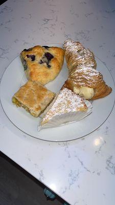 Blueberry scone, lobster tail, lemon bar, ricotta pie