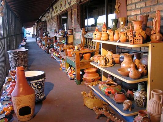 Mexican garden pottery including terracotta and Talavera.