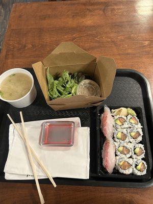 Miso, salad, red snapper sushi and Salmon Avocado Roll