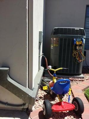 Trane XL16i moved around corner off patio with custom metal line set cover