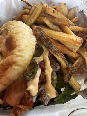 Spicy lamb burger and fries