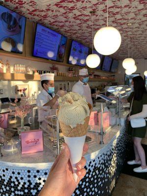 Banana puddin' scoop in a house waffle cone.