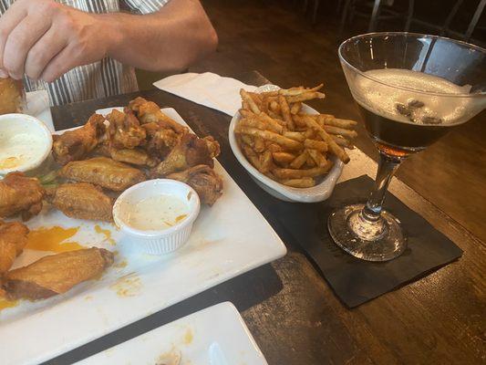 Chicken wings medium, side of fries, espresso martini