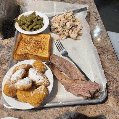 Pick Two Combo: Brisket and Pulled Chicken with Green Beans and Corn Nuggets