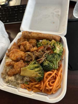 Orange chicken chow mein beef broccoli and rice