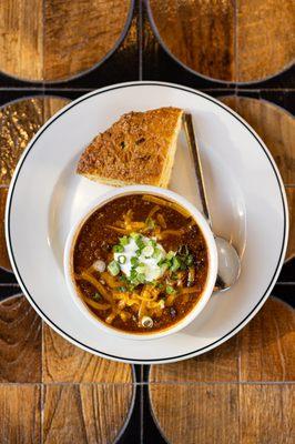 House-made chili with our house-made jalapeno cornbread.