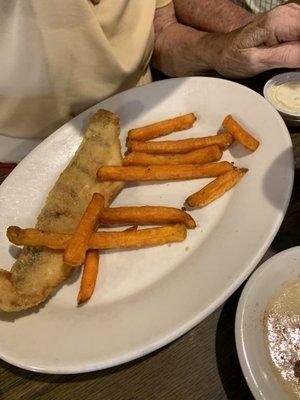 Half an order of fried perch with sweet potato fries