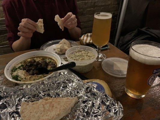 Mushroom Hummus, Babaganoush, Pita Bread Wheat, plus Sycamore Beers