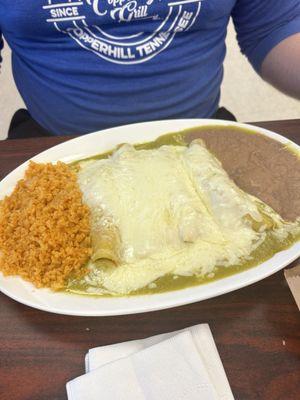 Enchiladas verde with rice and beans (kinda spicy)