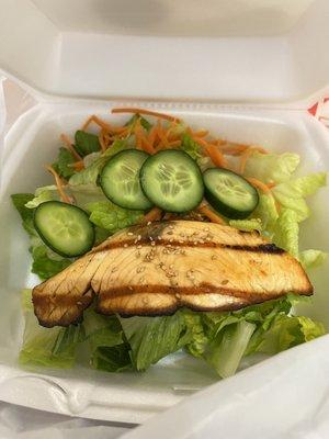 Grilled salmon salad. Over cooked and not much of a meal.