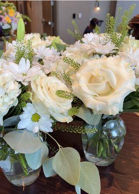 Centerpieces for the memorial reception & standing spray for the funeral