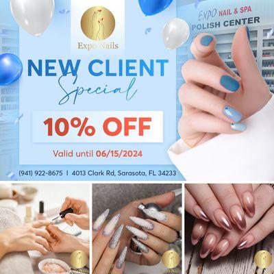 NEW CLIENT SPECIAL - 10% OFF
Valid until 06/15/2024

 New to Expo Nails & Spa? Treat yourself to 10% OFF all services!