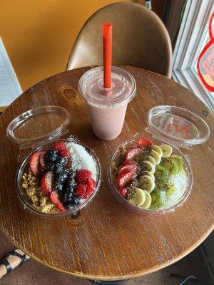 (Left to right) Acai Bowl, Pb & J Smoothie, Pitaya Bowl